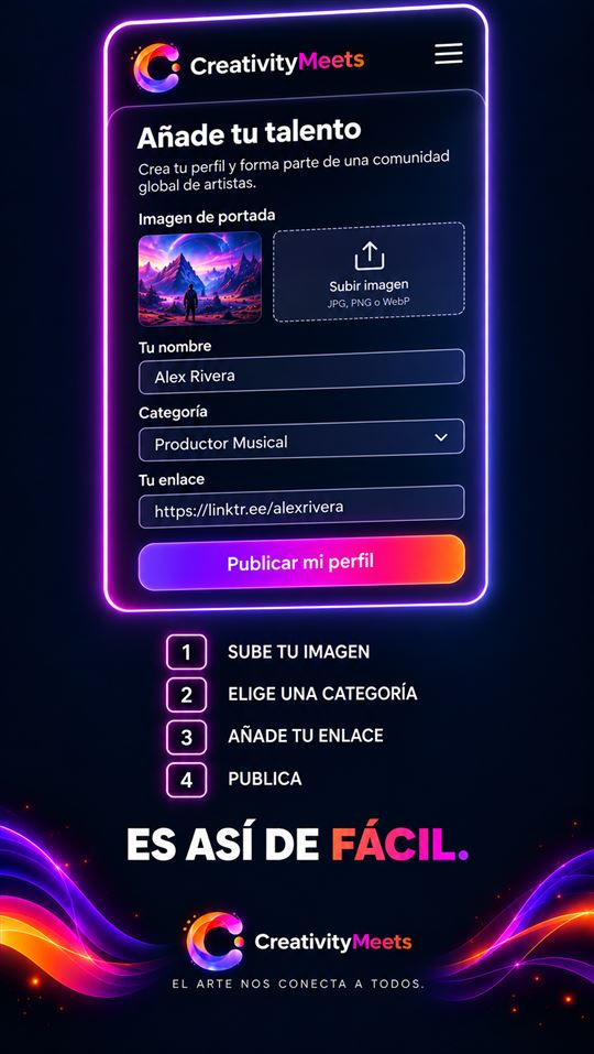 Añadí tu talento: subí tu imagen, elegí categoría y enlace, publicá
